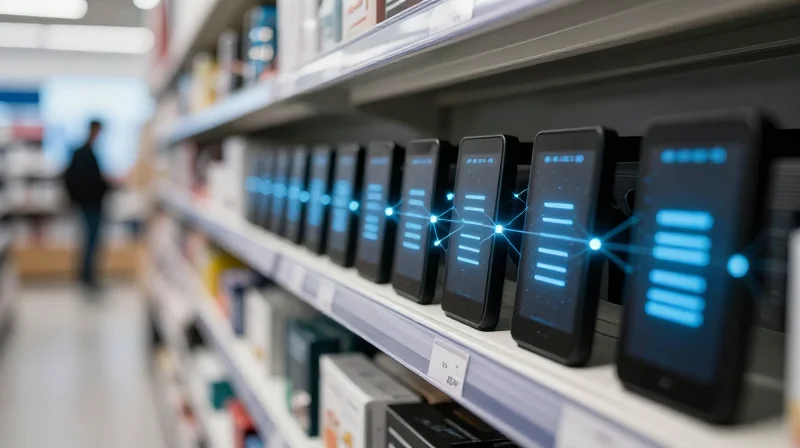 The Current State of Retail Automation and ESL Adoption Abstract representation of interconnected modern retail technology and IoT smart labels