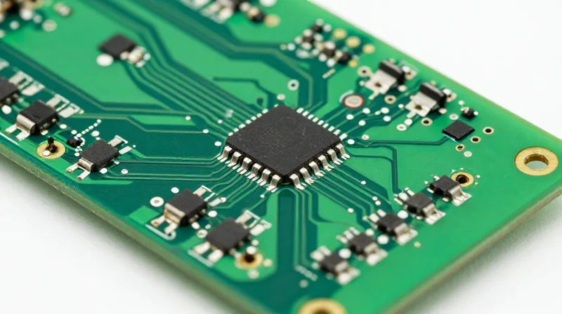 Understanding Traditional PCB Substrates in ESLs A close-up view of a standard green rigid FR4 PCB circuit board with electronic components