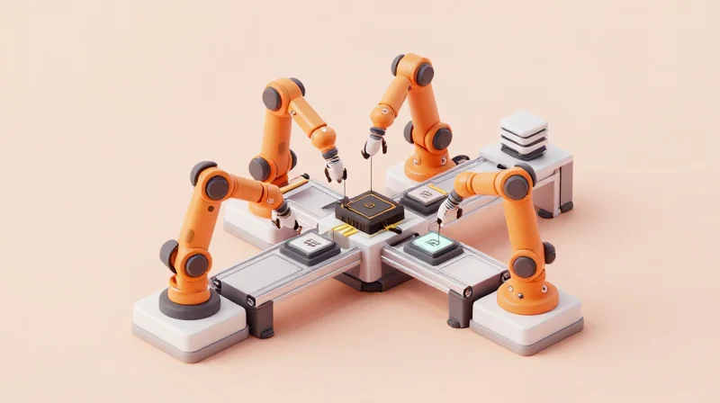 Reducing Manufacturing Footprint and Material Waste An isometric 3D representation of a modular manufacturing process for electronics