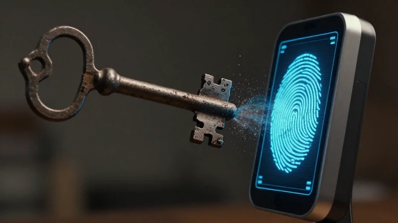 The Death of Mechanical Redundancy A rusted antique metal key fading out while a glowing digital biometric sensor fades in, symbolizing the transition of security technology.