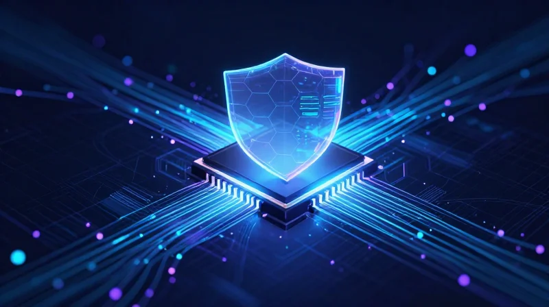 Security at the Edge: Encrypted Data Handling Abstract representation of data encryption and security at the edge of a chip.