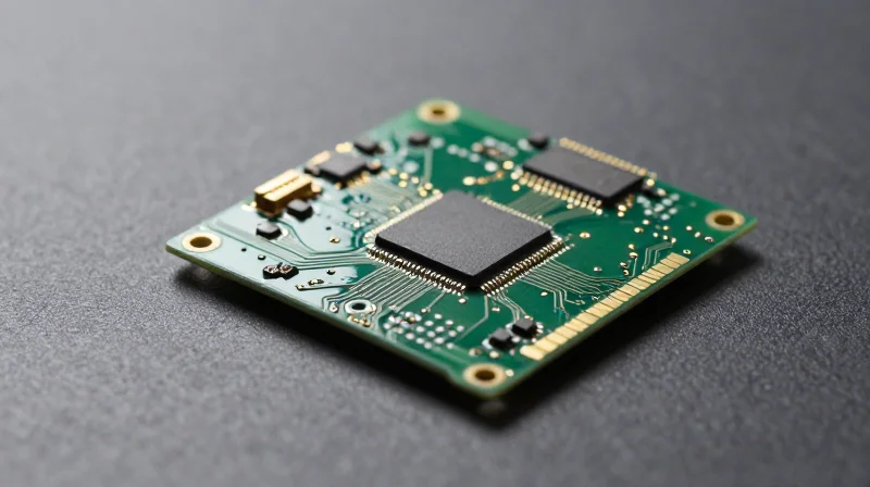 The Architecture of a Modern Smart Load Cell PCBA A clean, modern PCBA circuit board showing intricate electronic components and integrated microchips in a studio setup