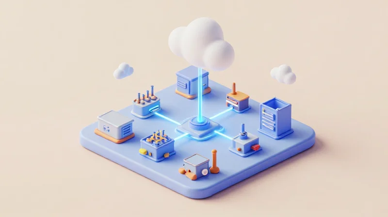 Remote Monitoring and Cloud-Connected Scale Systems Isometric view of a connected smart factory floor with floating icons representing data communication with the cloud