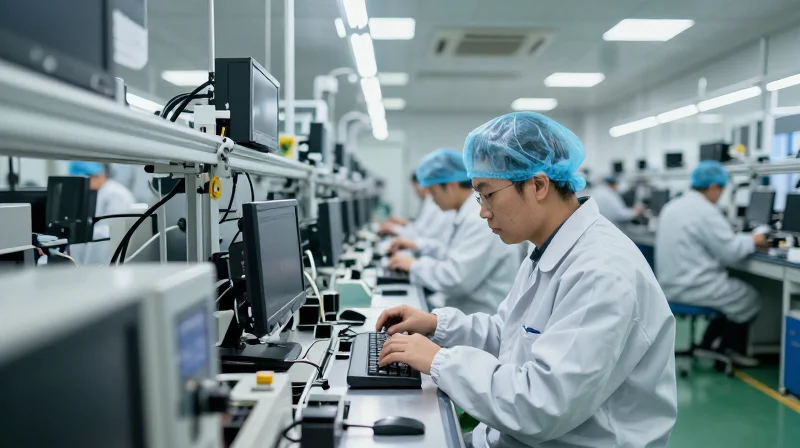 Conducting the On-Site Audit Documentary style wide shot of a modern clean-room electronics assembly floor