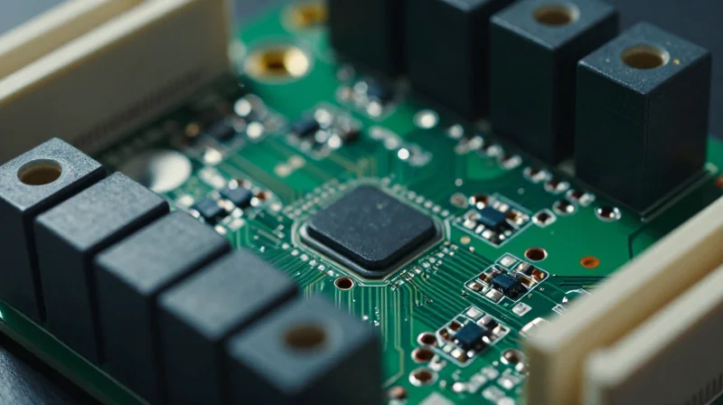 A close-up of a robust industrial-grade PCB inside a protected housing, showing durable components and protective coating.