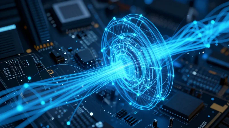 Abstract visualization of electromagnetic interference shielding on a high-tech circuit board.