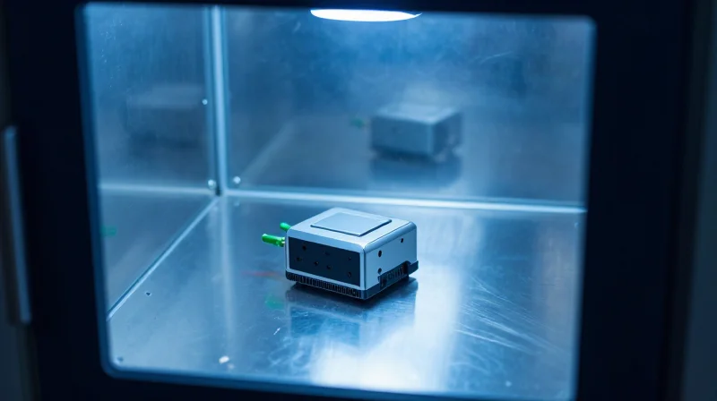 A sensor node undergoing environmental stress testing in a laboratory