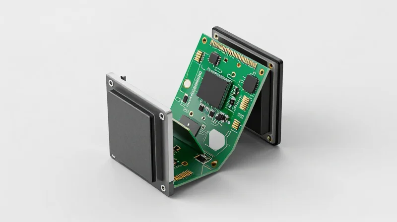A 3D visualization showing a rigid-flex circuit board bending to fit inside a small industrial sensor enclosure.