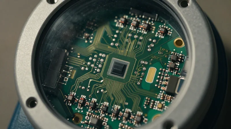 A close-up of a high-tech circuit board inside a rugged electricity meter housing under harsh outdoor environmental conditions