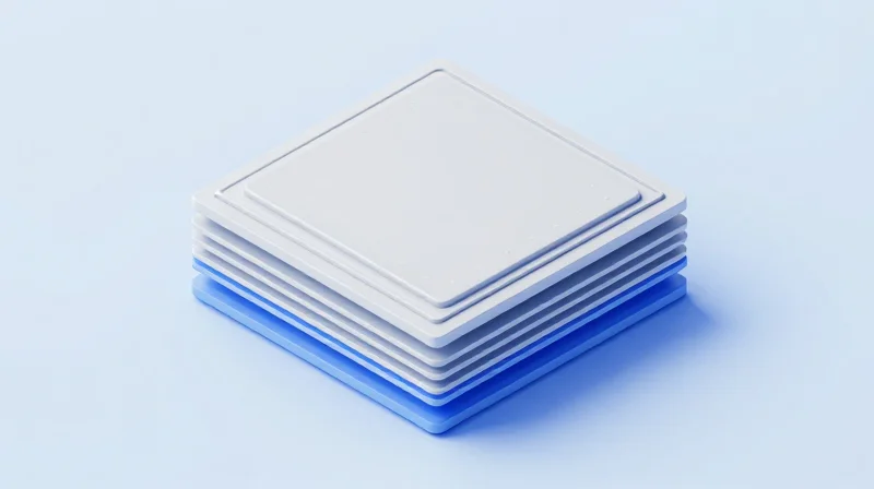 An isometric 3D render showing the layers of a high-performance PCB material stackup
