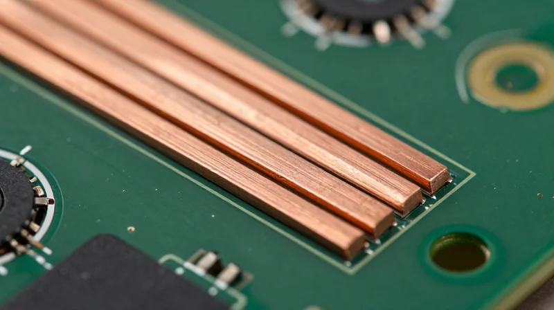 Macro close-up of a thick copper PCB trace on a green substrate.