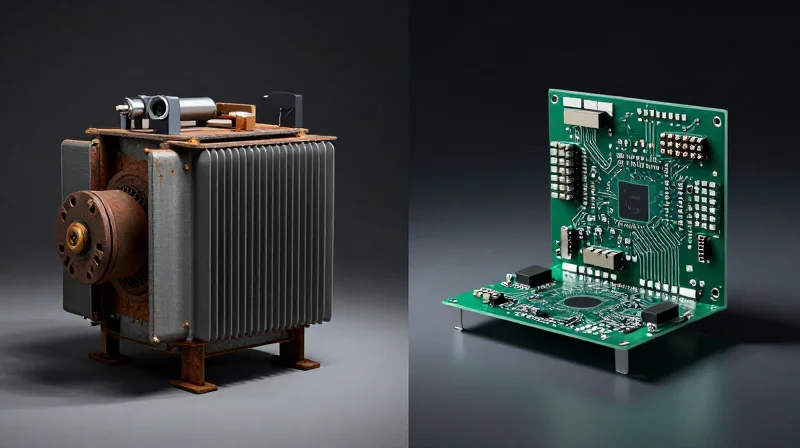 Side-by-side contrast between a bulky old industrial welder and a modern sleek electronic module