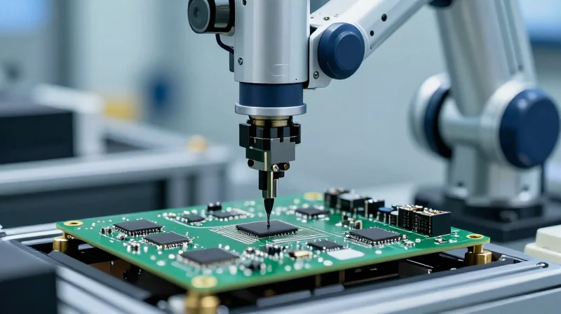 An automated robotic assembly head placing tiny components onto a circuit board with extreme precision.