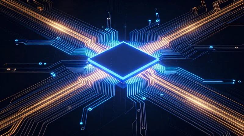 A conceptual 3D render showing heat dissipation patterns on a circuit board.