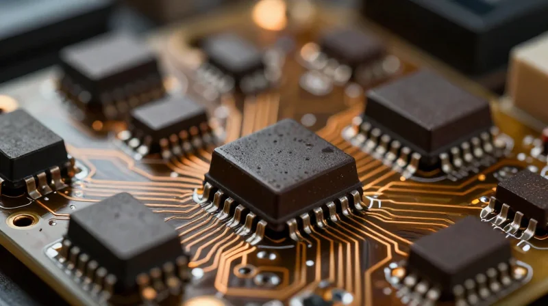 A close-up of a traditional silicon-based industrial control board with heat-stressed components