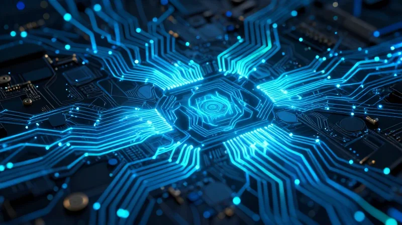 Abstract visualization of energy flow through digital circuits.