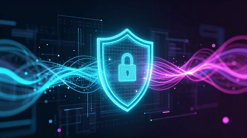Conceptual visualization of encrypted data flowing through a network node