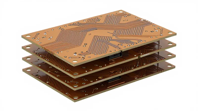 A professional 3D view of a multi-layer PCB stack-up for electronics manufacturing