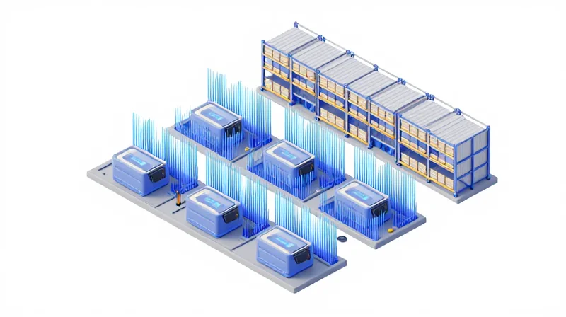 A 3D isometric representation of an industrial environment with radio frequency wave shielding