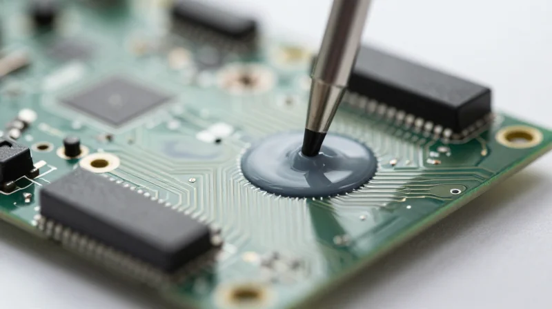 A PCB being sprayed with a transparent protective conformal coating