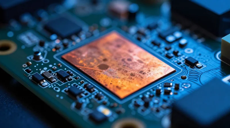 A close-up thermal imaging view of an HMI PCB showing extreme heat distribution patterns in vibrant colors.