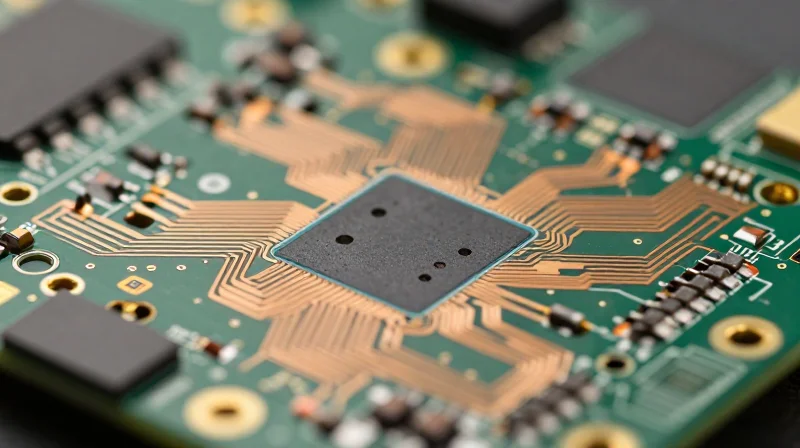 Close-up of precise PCB trace routing on a circuit board