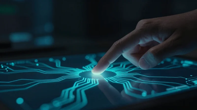 Abstract visualization of capacitive touch screen technology sensing human fingertip.