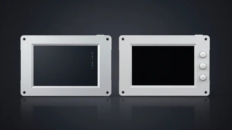 Two industrial HMI panels side-by-side, one resistive and one capacitive, in a factory environment.