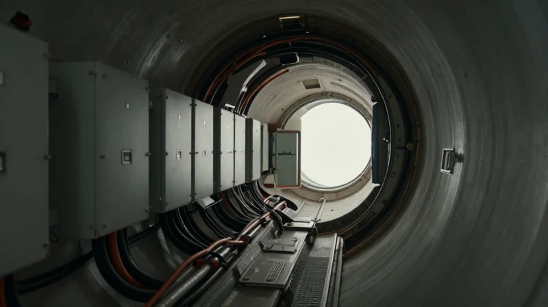 Interior of a wind turbine nacelle showing complex electronic machinery and industrial cabling under harsh lighting conditions.