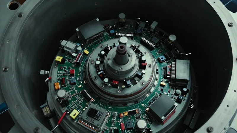 A close-up of electronic circuitry inside a wind turbine, demonstrating harsh operational stress.