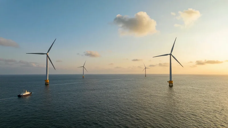 Wide shot of offshore wind turbines during a maintenance operation at sunset.