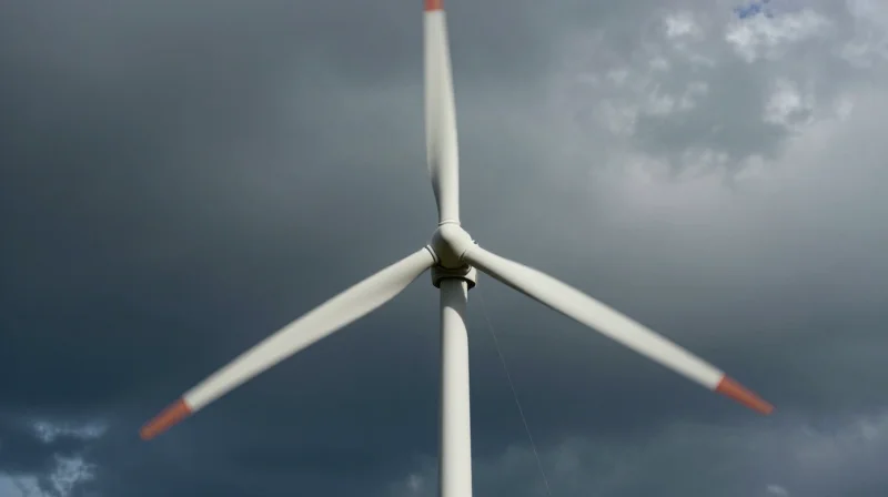 A close-up view of wind turbine blades in a vast landscape, cinematic atmosphere representing the harsh industrial environment.