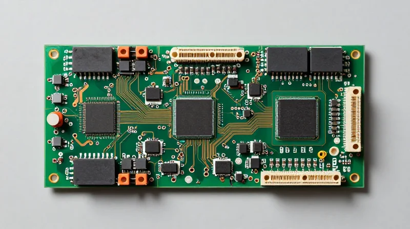 Top-down view of complex PCB trace routing with thick copper connections.