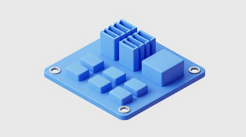 An isometric 3D view of a PCB with heat-dissipating components and heat sinks.