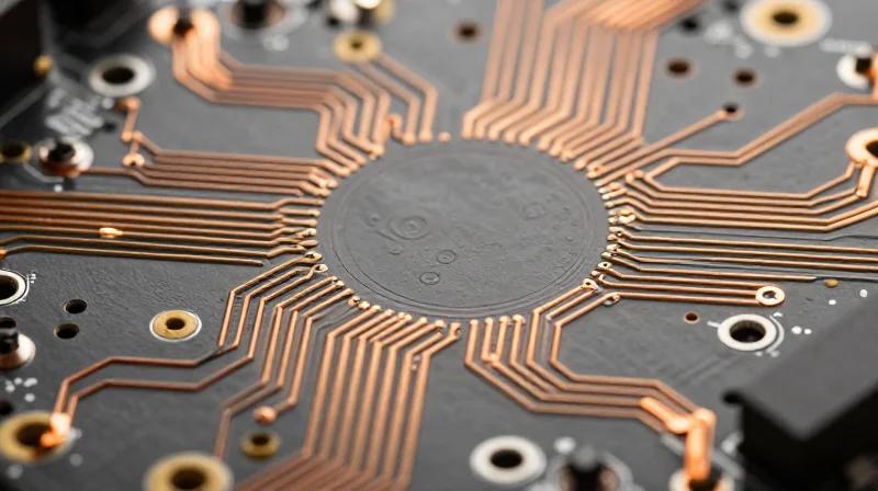 Detailed view of a high-current circuit board with thick copper layers.