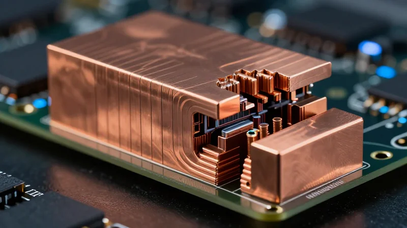 Abstract representation of high-current PCB trace geometry and copper thickness.