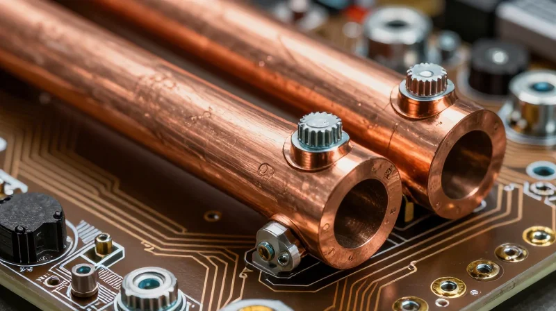 A thick copper busbar integrated onto a green circuit board with mechanical fasteners.