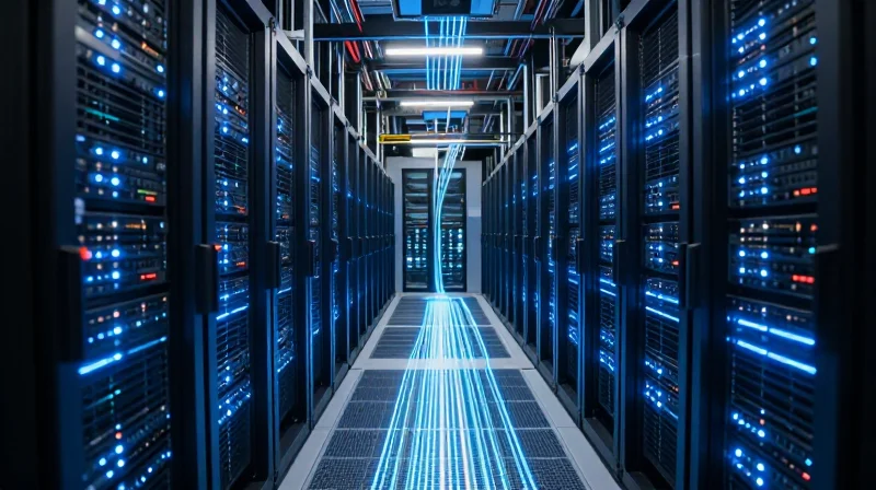 Modern hyperscale data center rows of servers with intense glowing connectivity lines.
