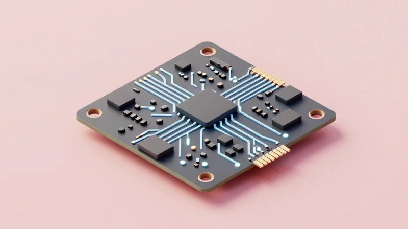 Isometric 3D render of a rigid-flex PCB power board with modular interconnects.