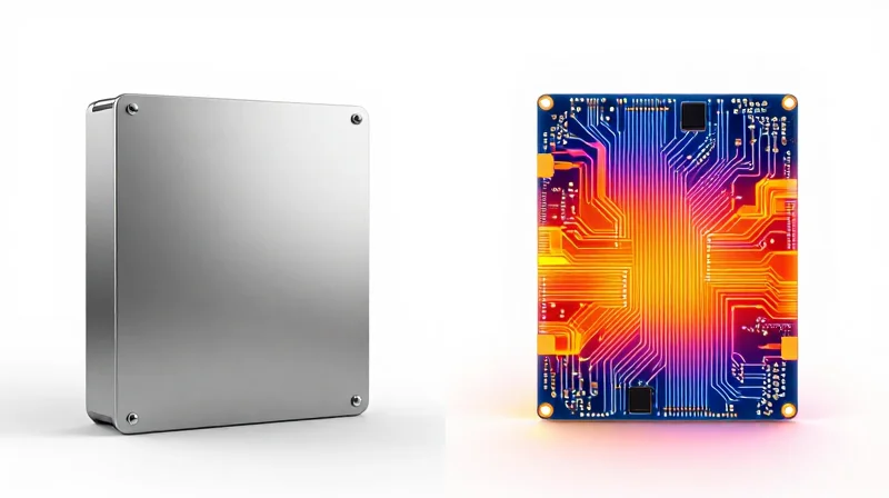 Split screen visual showing heat distribution in a busbar vs a PCB.
