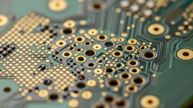Close up of micro-via drill holes on a high-density circuit board