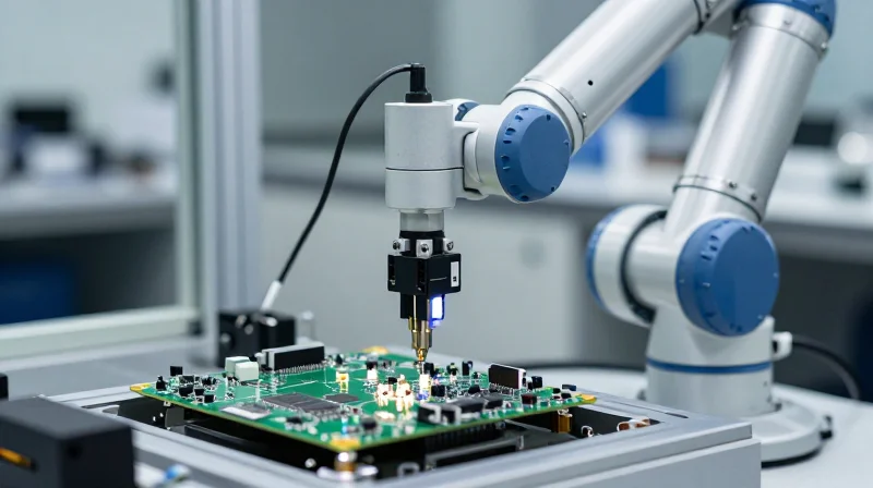 Robotic pick and place machine installing components on a dense board