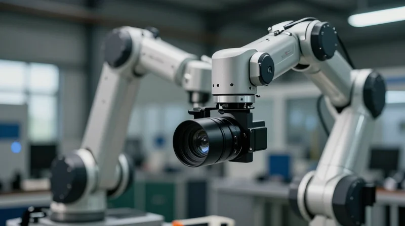 A modern, compact machine vision camera integrated into a sleek industrial robotic arm against a soft-focus factory background.