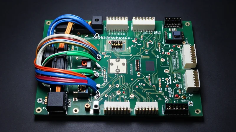 Top-down view of complex, bulky rigid circuit boards with tangled ribbon cables and multiple interconnects on a workbench.