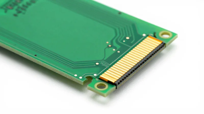 A 3D close-up showing a rigid-flex PCB with a flexible golden polyimide layer connecting two solid green rigid board sections.