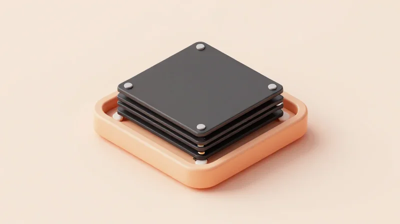 Isometric view of a compact electronics housing with 3D stacked circuit modules.