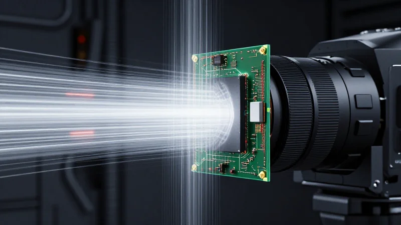 An abstract visualization of a high-tech sensor enduring industrial vibrations.