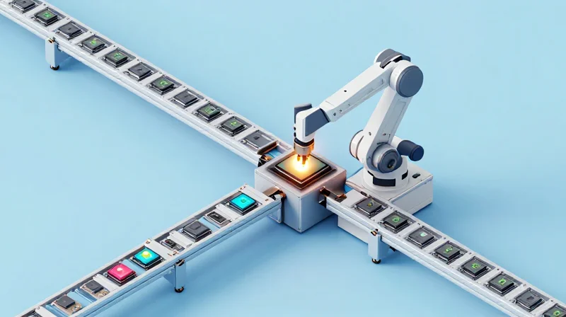An overhead view of a robotic assembly line putting together a compact camera unit.