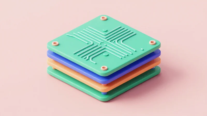 Isometric view of a multi-layer circuit board cross-section