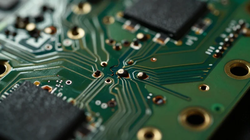 A close-up of a damaged circuit board showing signs of oxidation and faulty soldering connections.